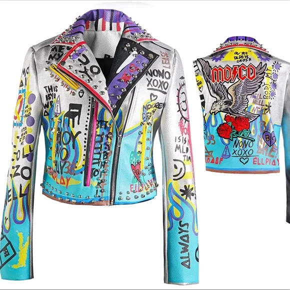 ❌SOLD❌ NWT Graffiti Punk, Rock & Roll Multi Color Graphic Spike & Rivet Moto,XL - Picture 2 of 16